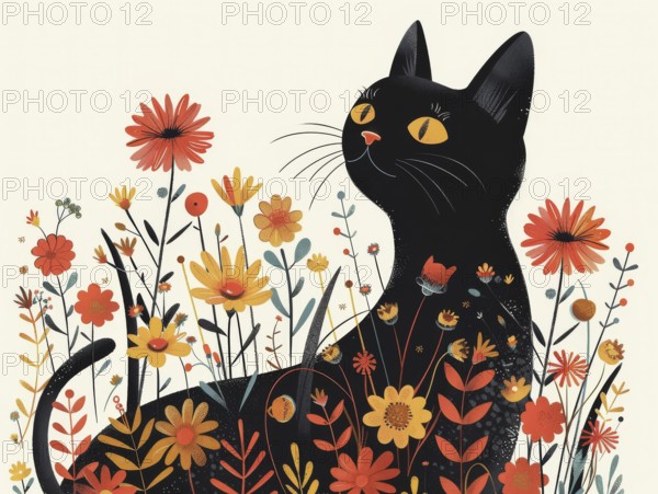 Stylized graphic illustration of a black cat lounging among warm-colored flowers, ai generated, AI generated