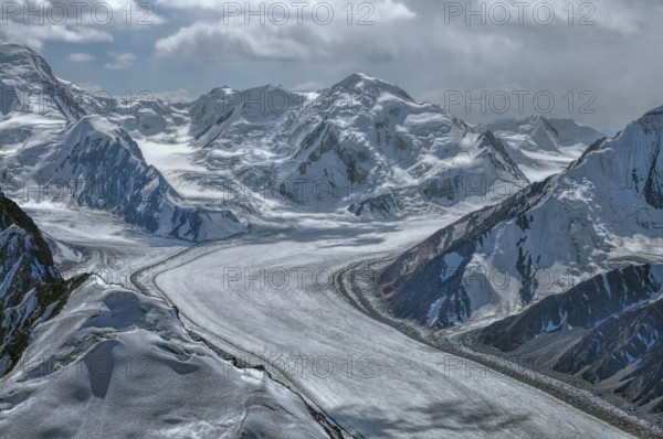 Scenic view of Fedchenko Glacier in Pamir mountains in Tajikistan