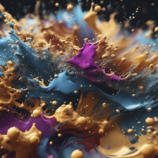Dynamic splash of gold, blue, and purple paint creating a vibrant abstract pattern against a dark background, AI generated
