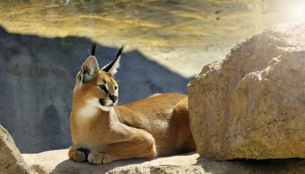 AI generated, animal, animals, mammal, mammals, biotope, habitat, a, individual, foraging, wildlife, Africa, South Africa, Asia, Central Asia, steppes, cat, cats, predator, caracal, desert lynx, caracal caracal), resting, Africa