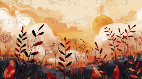 Artistic representation of a sunset with an orange sky, highlighted by plant silhouettes, AI generated