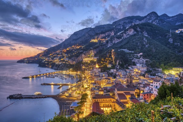 The pretty village of Amalfi in Italy at sunset