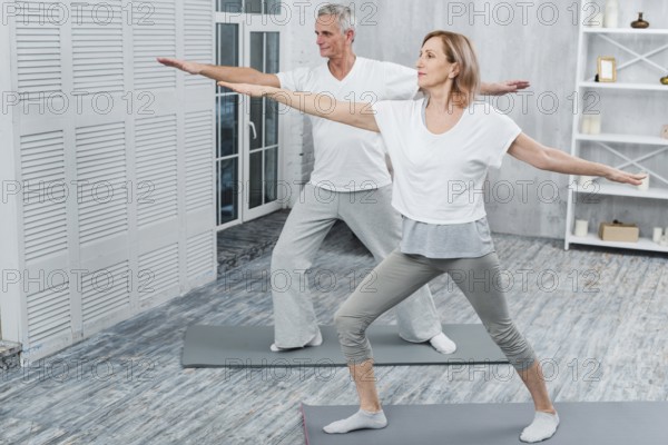 Healthy couple performing exercising yoga mat home