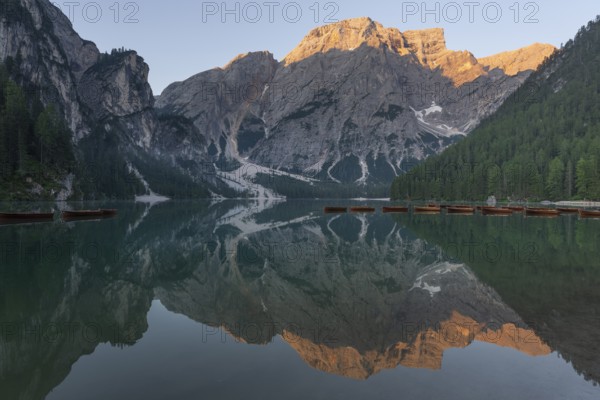 Lake Braies at sunrise, Lake Braies, Dolomites, Alto Adige, Italy, Europe