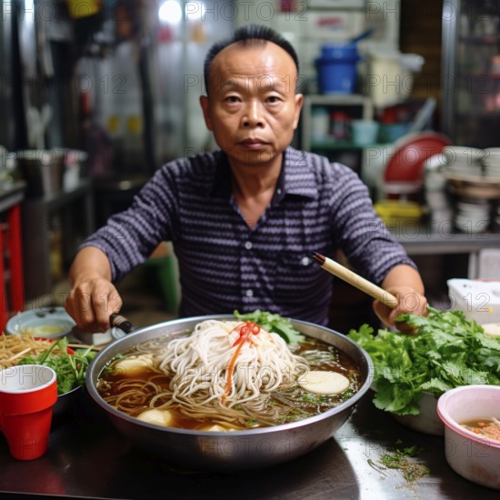 A Vietnamese cook sits in his street kitchen and offers Phó, a Vietnamese noodle soup with beef, chilli and basil, KI generates, AI generated