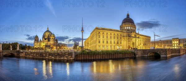 Panorama of the Berlin Cathedral, the TV Tower and the rebuilt City Palace at dawn