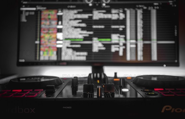 Dj console and monitor, bokeh, Pioneer DJ