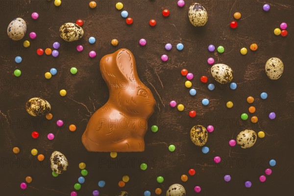 Delicious chocolate easter eggs, bunny and sweets on dark brown background
