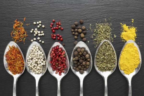 Top view spoons with powder condiments. Resolution and high quality beautiful photo