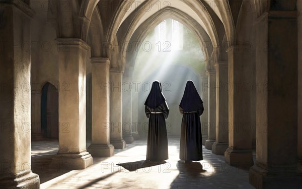 Two Catholic nuns stand devoutly in the archway of a convent, KI generated, AI generated