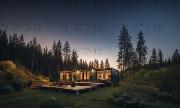 Modular container house with glazing in the forest, secluded compact house, AI generated
