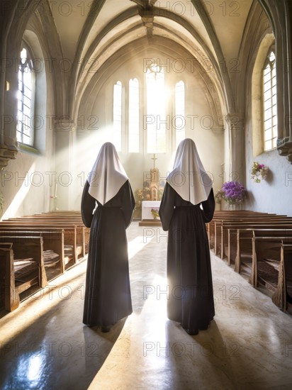 Two Catholic nuns during morning devotions in a chapel flooded with light, KI generated, AI generated