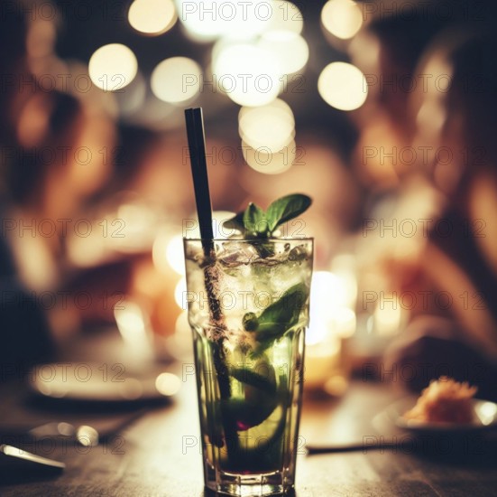 Illustration of a mojito cocktail drink in a bar pub at night, dim warm light, selective focus bokeh ai generated