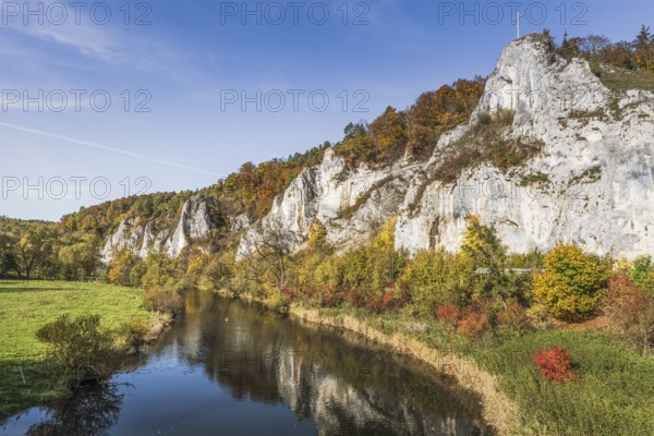 Danube with cross rocks in the autumnal Upper Danube Valley, Gutenstein, Upper Danube nature park Park, Swabian Alb, Baden-Württemberg, Germany, Europe