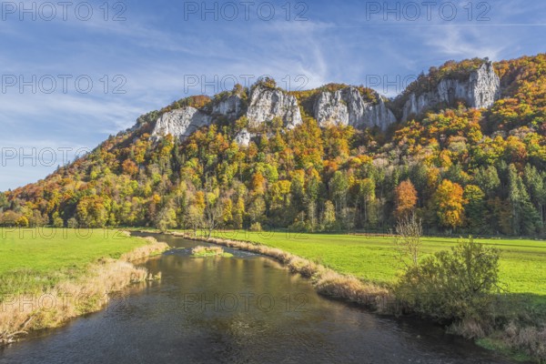 View over the Danube to the Hausener Zinnen in the autumnal Upper Danube Valley, Hausen im Tal, Upper Danube nature park Park, Swabian Alb, Baden-Württemberg, Germany, Europe