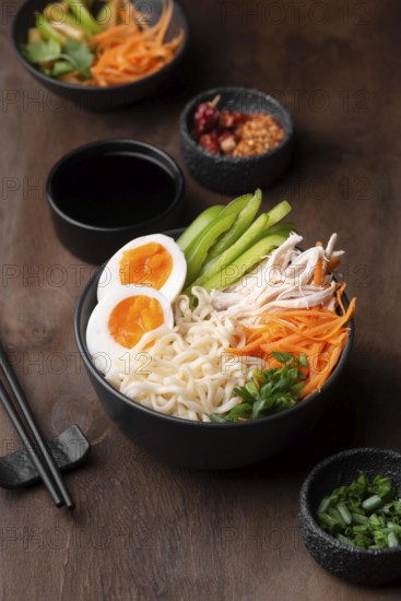 High angle traditional asian noodles with eggs vegetables