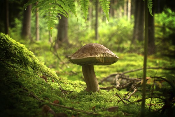Low angle view of a Cep or Boletus Mushroom growing on lush green moss in a forest