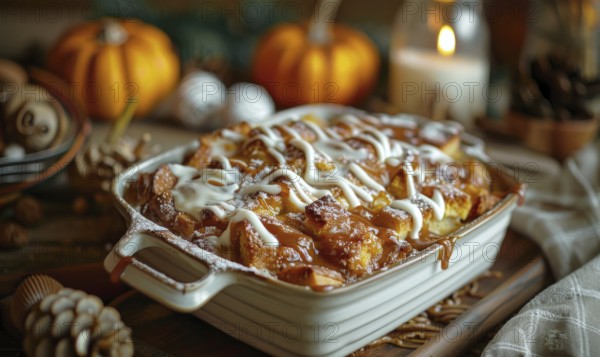 A pumpkin bread pudding with a caramel drizzle served in a baking dish AI generated