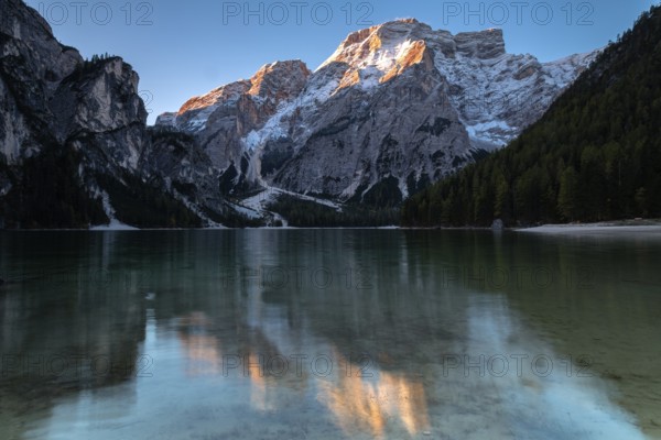 Daybreak at Lake Lake Prags, Dolomites, South Tyrol