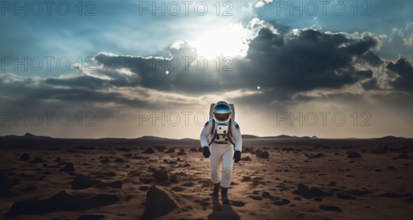 Astronaut on Mars walks in a spacesuit on the soil and explores the planet, AI generated