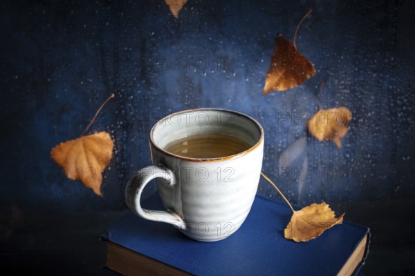 Cozy autumn still life with tea and books, with falling leaves and rain behind the window