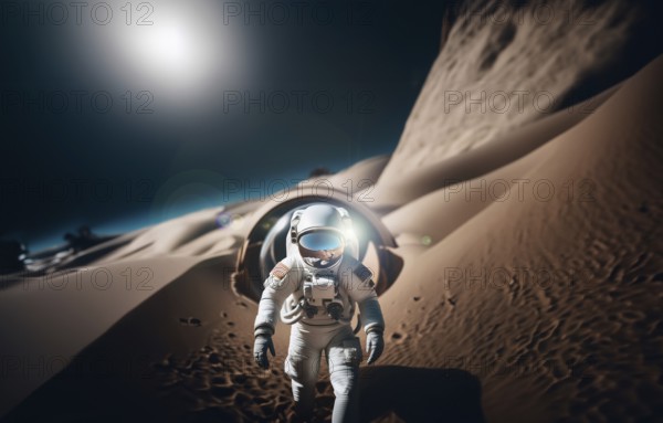 Astronaut on Mars walks in a spacesuit on the soil and explores the planet, AI generated