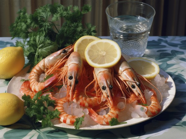 Fresh prawns, served on a plate with lemon and dill, glass of water, KI generated, AI generated