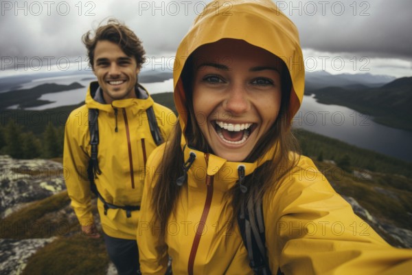 Young couple in mackintosh stands beaming with joy in free nature. behind Nordic landscape and forest, hiking, outdoor, selfie, happy, KI generated, AI generated