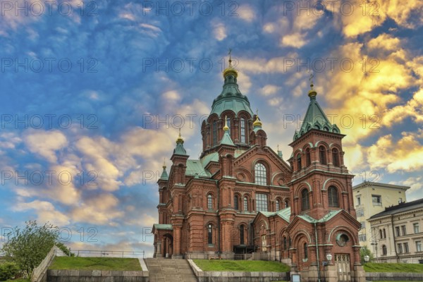 Helsinki Finland, sunrise city skyline at Uspenski Cathedral