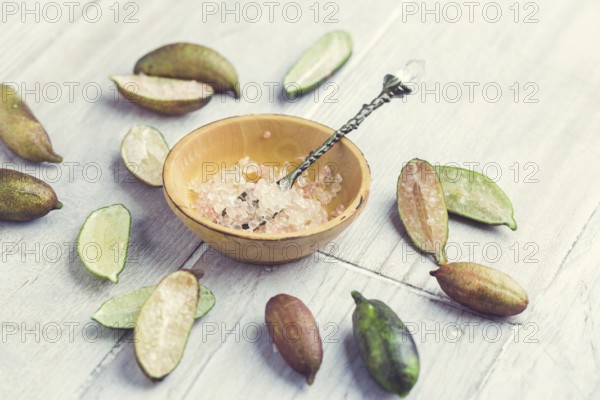 Australian finger lime or caviar lime, edible fruits used in gourmet cuisine. Citrus australasica