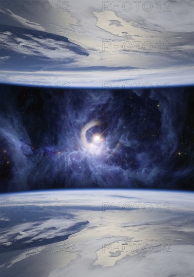 Fantasy image of mirrored Earths symbolizing parallel universes. The V1331Cyg star is shown on the Sword of Orion. Elements of this image furnished by NASA