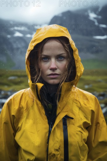 Young woman, dripping wet, brown hair in yellow rain jacket with hood, serious look, rain, Weter, KI generated, AI generated