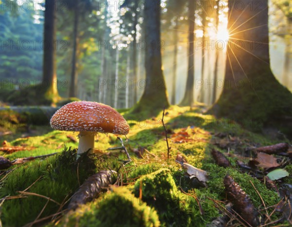 Fly agaric (Amanita muscaria) in a coniferous forest, on a moss-covered forest floor with backlight and sun star, KI generated, AI generated