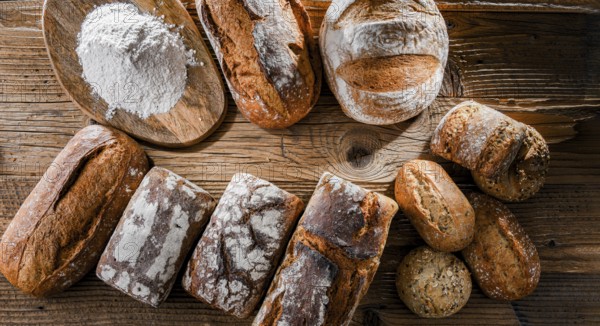 Composition with assorted bakery products on wooden table