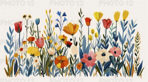 A vibrant floral illustration with colorful flowers and leaves in pink, orange, blue, yellow, and green, AI generated