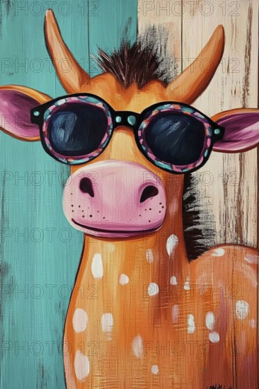 A cartoon cow wearing sunglasses with a colorful wooden background, AI generated