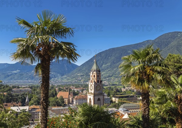 Church of St Nicholas with a view over Merano, South Tyrol