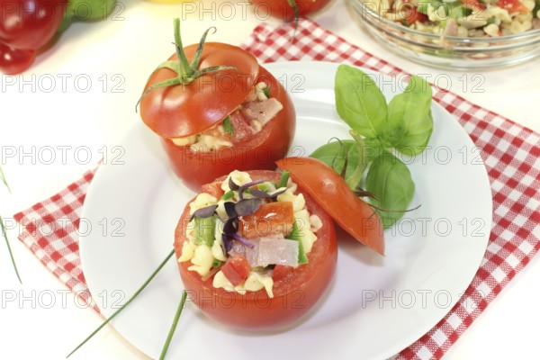 Stuffed tomatoes with pasta salad and cress on a light-coloured background