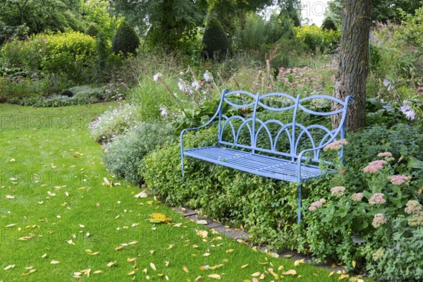 Blue bench in the district educational garden, Burgsteinfurt, Münsterland, North Rhine-Westphalia, Germany, Europe