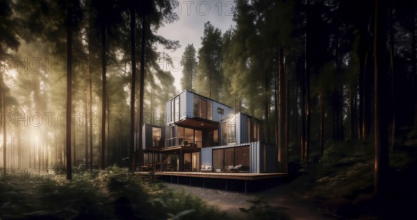 Modular container house with glazing in the forest, secluded compact house, AI generated