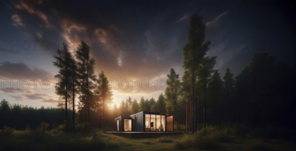 Modular container house with glazing in the forest, secluded compact house, AI generated