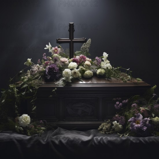 Coffin with cross, atmospherically decorated with flowers, funeral bouquet, KI generated, AI generated