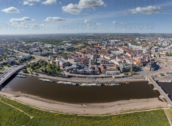 Large panorama drone shot, photo from above, aerial view, historical old town with sights, Neustädter Mart, Church of Our Lady, pier, ships, Elbe, bridges, Dresden, Saxony, Germany, KI generated, completed, AI generated, Europe