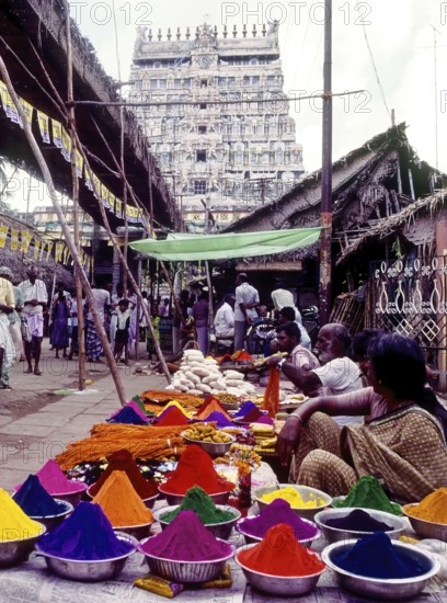 Color powder and Pooja things for sale in Chidambaram, Tamil Nadu, South India, India, Asia