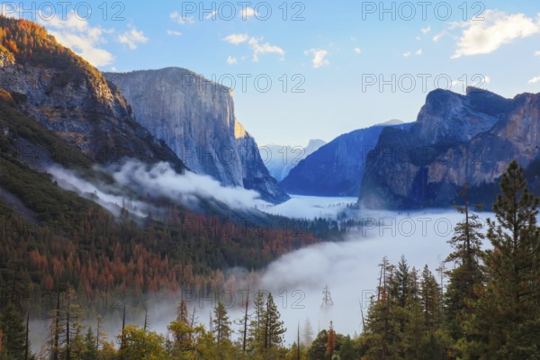 The iconic view of Yosemite Valley and the magnificent El Capitan in a storm from Tunnel View in California, USA, North America