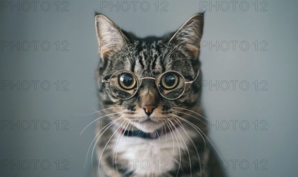 A tabby cat wearing round glasses looking at the camera AI generated