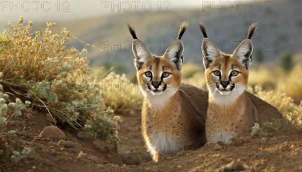 AI generated, animal, animals, mammal, mammals, biotope, habitat, two, foraging, wildlife, Africa, South Africa, Asia, Central Asia, steppes, cat, cats, predator, caracal, desert lynx, caracal caracal), resting, Africa