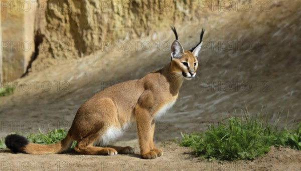 AI generated, animal, animals, mammal, mammals, biotope, habitat, a, individual, foraging, wildlife, Africa, South Africa, Asia, Central Asia, steppes, cat, cats, predator, caracal, desert lynx, caracal caracal), rests, hunts. jumps, Africa
