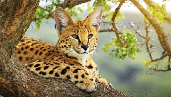 AI generated, animal, animals, mammal, mammals, biotope, habitat, one, individual, foraging, wildlife, caracal, caracal (Caracal caracal), lynx, lynxes, resting in tree