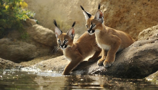 AI generated, animal, animals, mammal, mammals, biotope, habitat, two, female, juvenile, foraging, wildlife, Africa, South Africa, Asia, Central Asia, steppes, lying on rocks, cat, cats, predator, caracal, desert lynx, caracal caracal), rests, hunts. jumps, Africa